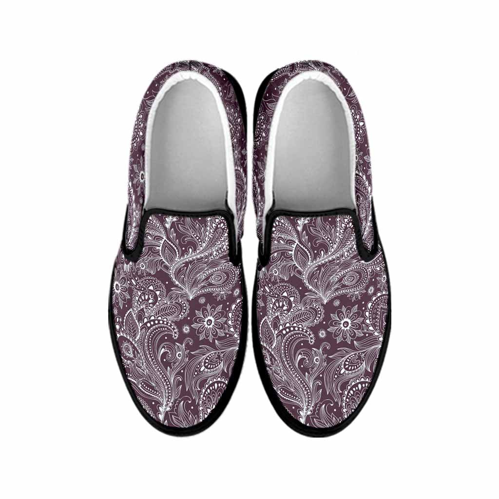 Umber Floral Bohemian Pattern Print Black Slip On Sneakers