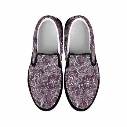 Umber Floral Bohemian Pattern Print Black Slip On Sneakers