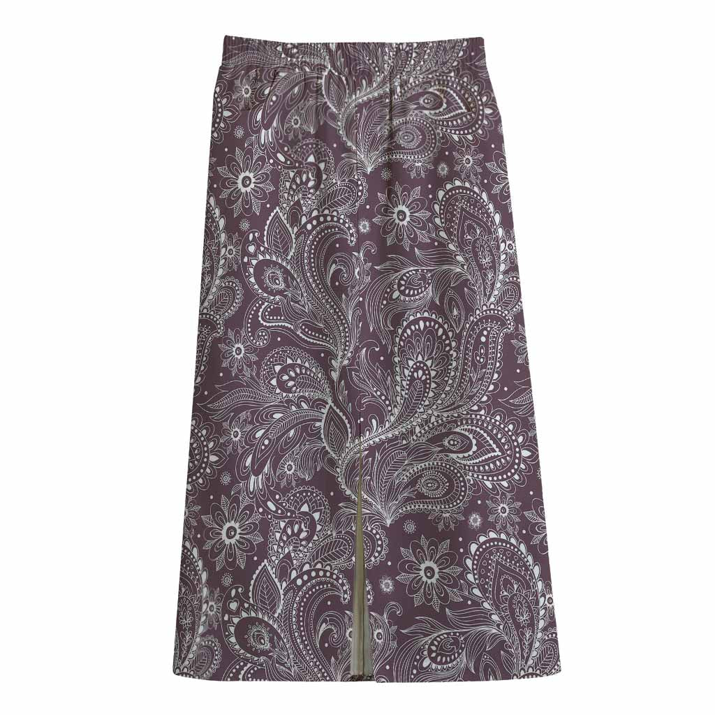 Umber Floral Bohemian Pattern Print Cotton Front Slit Maxi Skirt