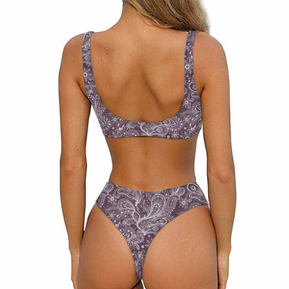 Umber Floral Bohemian Pattern Print Front Bow Tie Bikini