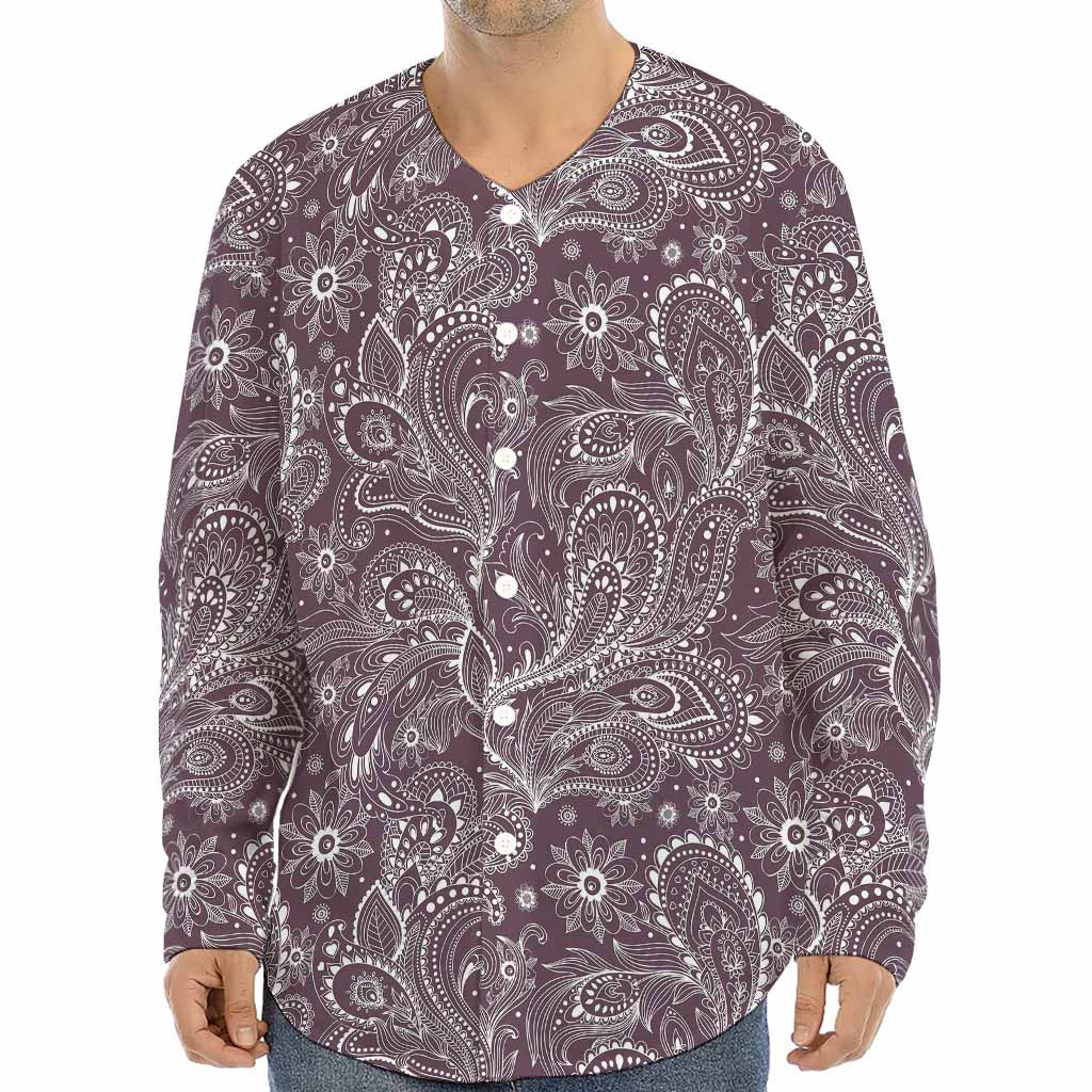 Umber Floral Bohemian Pattern Print Long Sleeve Baseball Jersey