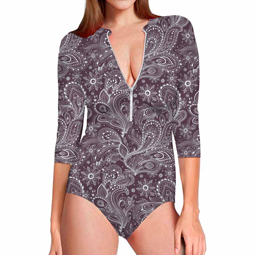 Umber Floral Bohemian Pattern Print Long Sleeve Swimsuit