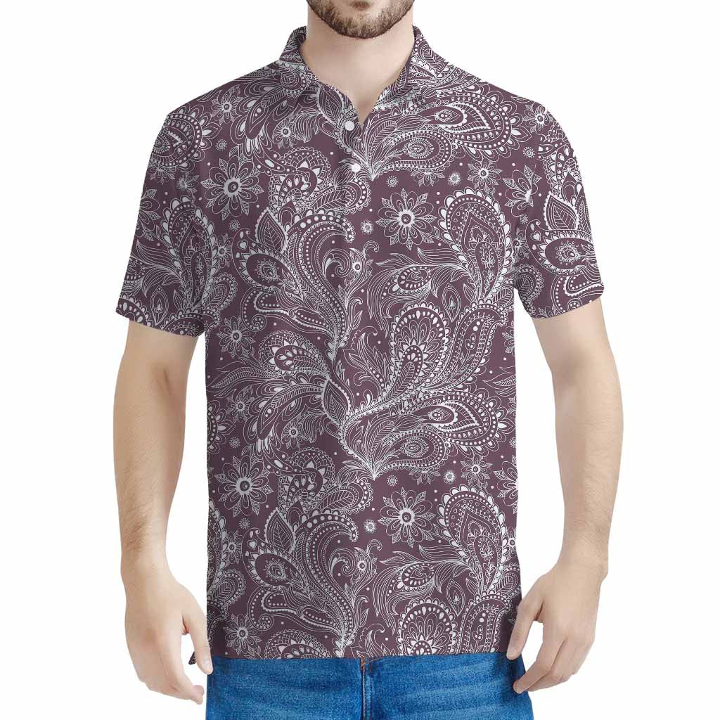 Umber Floral Bohemian Pattern Print Men's Polo Shirt