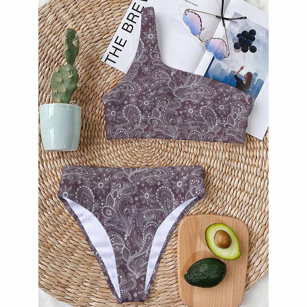 Umber Floral Bohemian Pattern Print One Shoulder Bikini Top