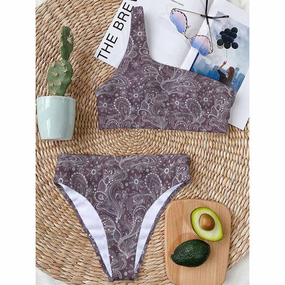 Umber Floral Bohemian Pattern Print One Shoulder Bikini Top