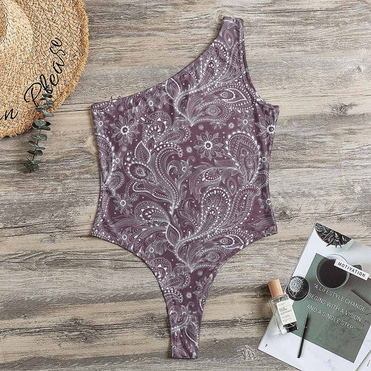 Umber Floral Bohemian Pattern Print One Shoulder Bodysuit
