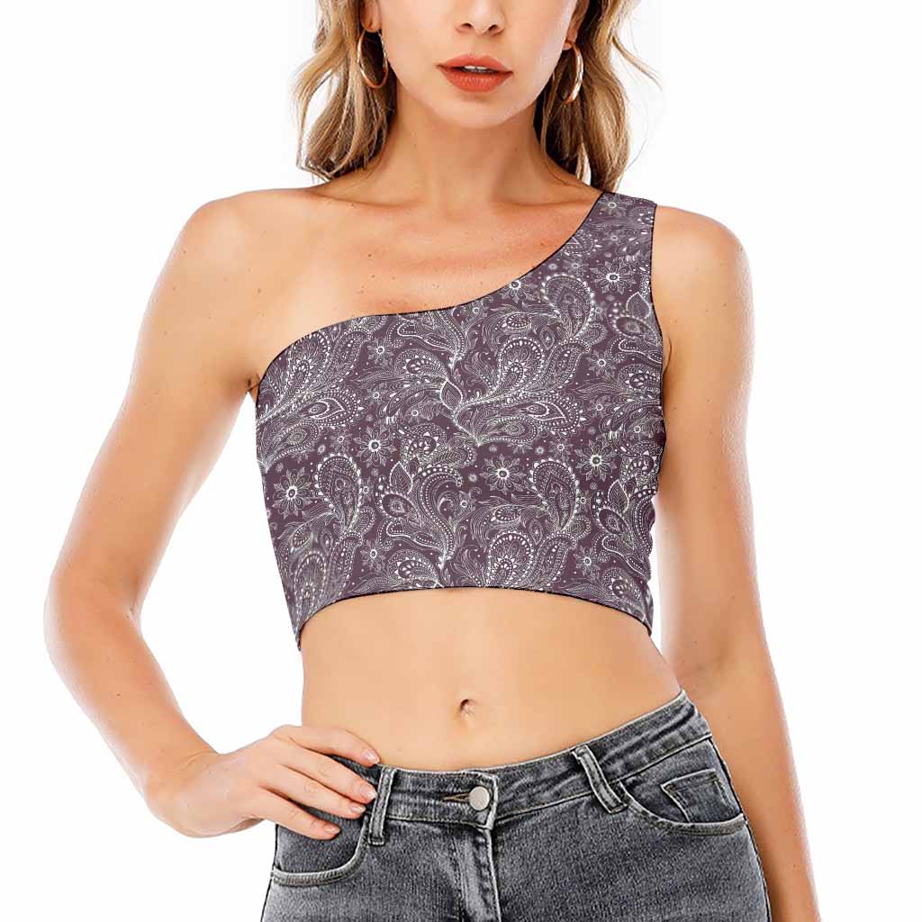 Umber Floral Bohemian Pattern Print One Shoulder Crop Top