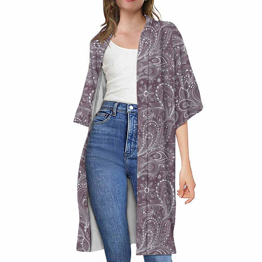 Umber Floral Bohemian Pattern Print Open Front Beach Cover Up