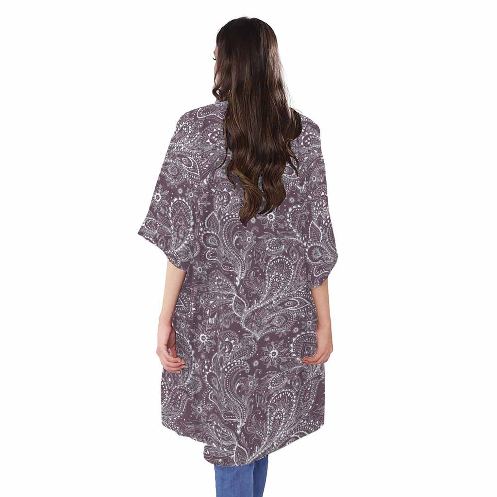 Umber Floral Bohemian Pattern Print Open Front Beach Cover Up