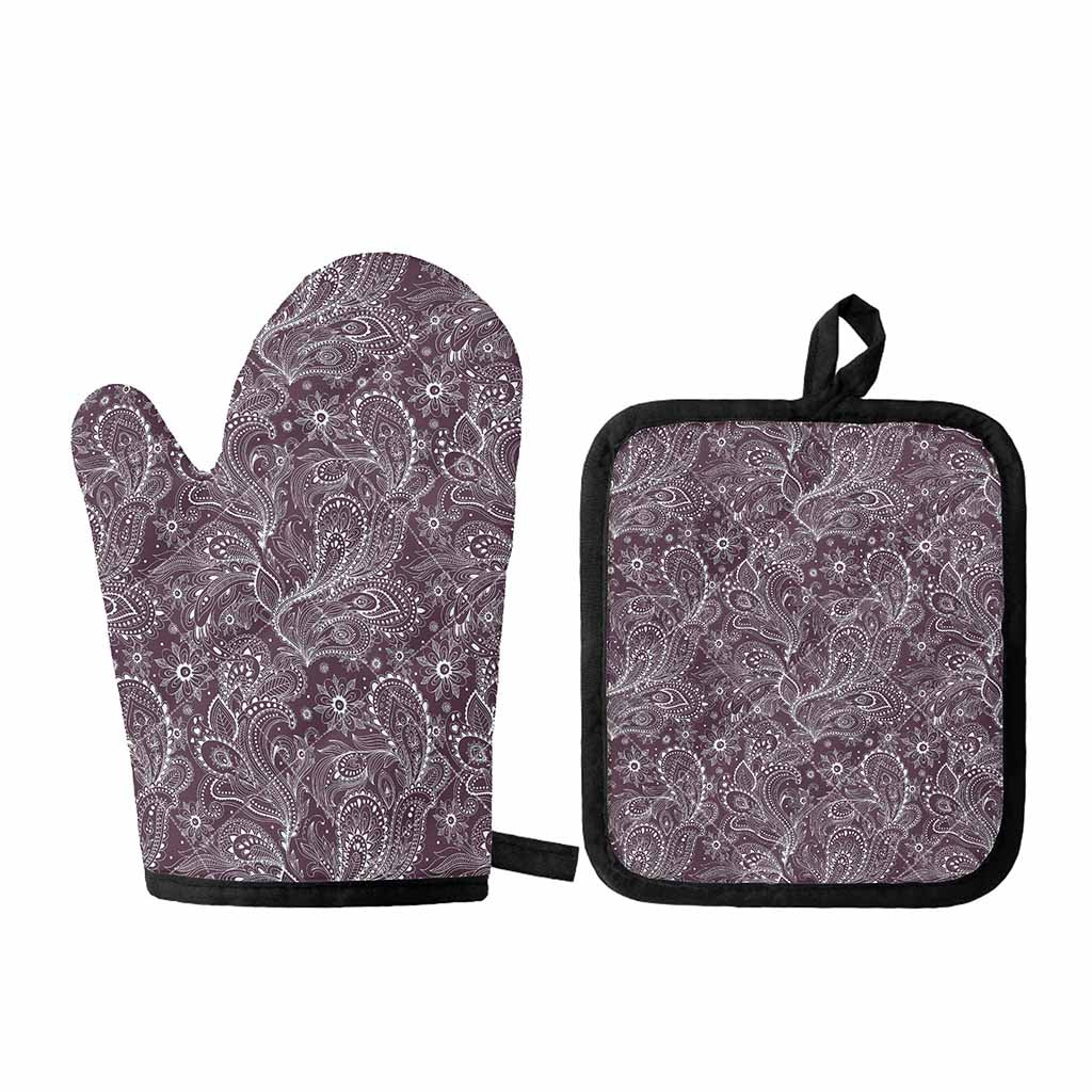 Umber Floral Bohemian Pattern Print Oven Mitt And Pot Holder Set