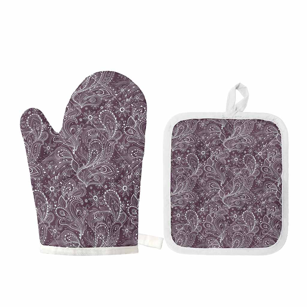 Umber Floral Bohemian Pattern Print Oven Mitt And Pot Holder Set