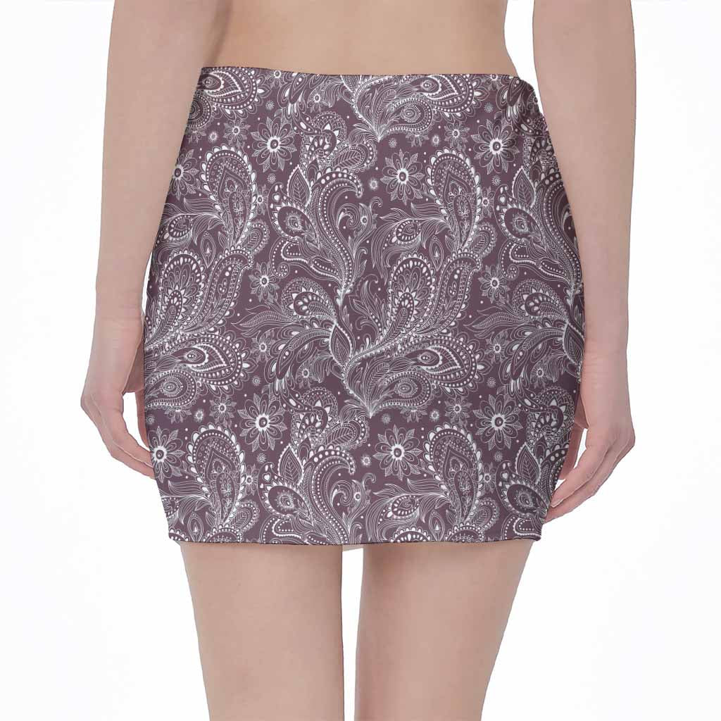 Umber Floral Bohemian Pattern Print Pencil Mini Skirt