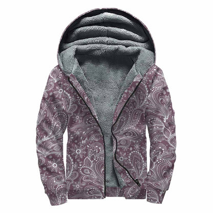 Umber Floral Bohemian Pattern Print Sherpa Lined Zip Up Hoodie