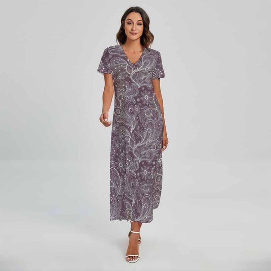 Umber Floral Bohemian Pattern Print Short Sleeve Maxi Dress