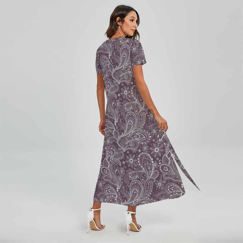Umber Floral Bohemian Pattern Print Short Sleeve Maxi Dress