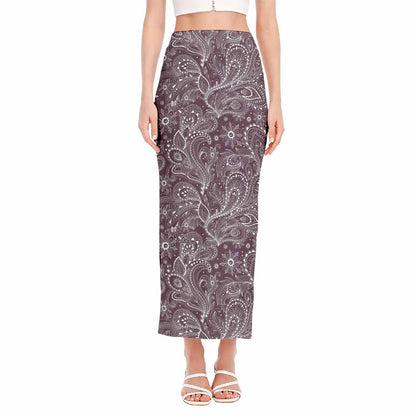 Umber Floral Bohemian Pattern Print Side Slit Maxi Skirt
