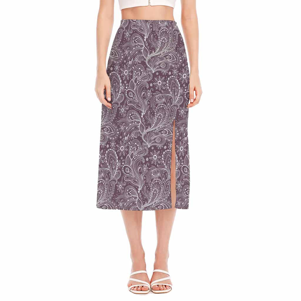 Umber Floral Bohemian Pattern Print Side Slit Midi Skirt