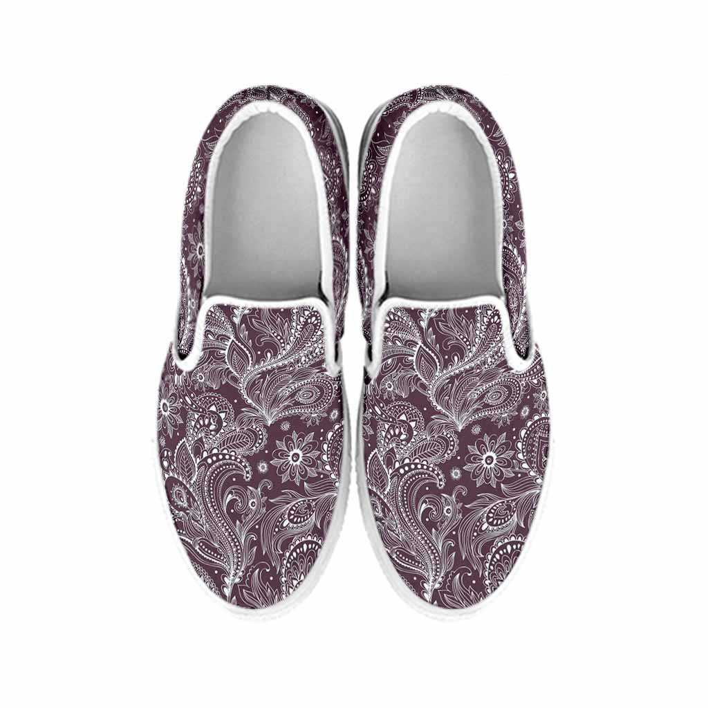 Umber Floral Bohemian Pattern Print White Slip On Sneakers