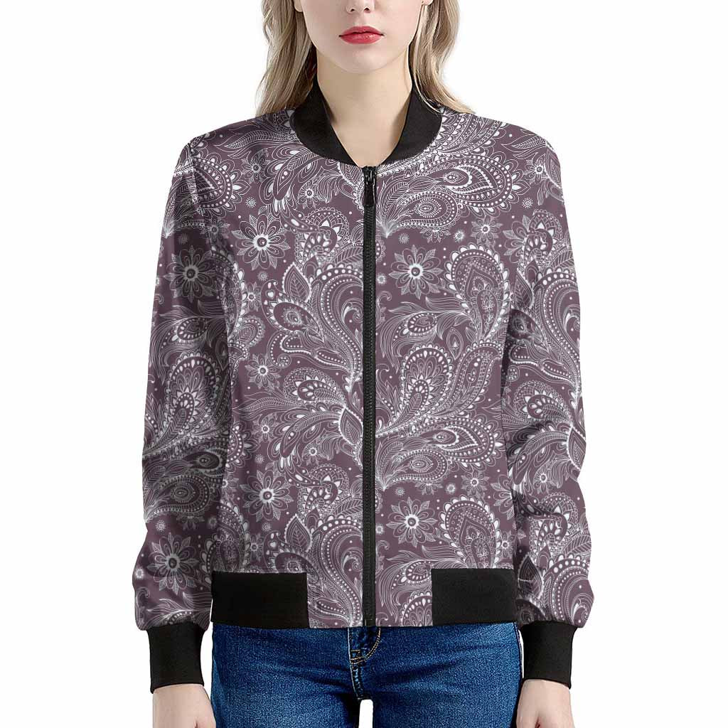 Umber Floral Bohemian Pattern Print Women's Bomber Jacket