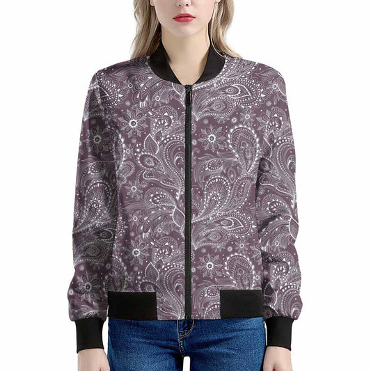Umber Floral Bohemian Pattern Print Women's Bomber Jacket