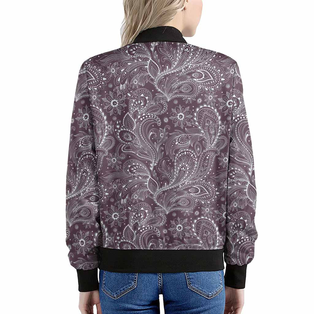 Umber Floral Bohemian Pattern Print Women's Bomber Jacket