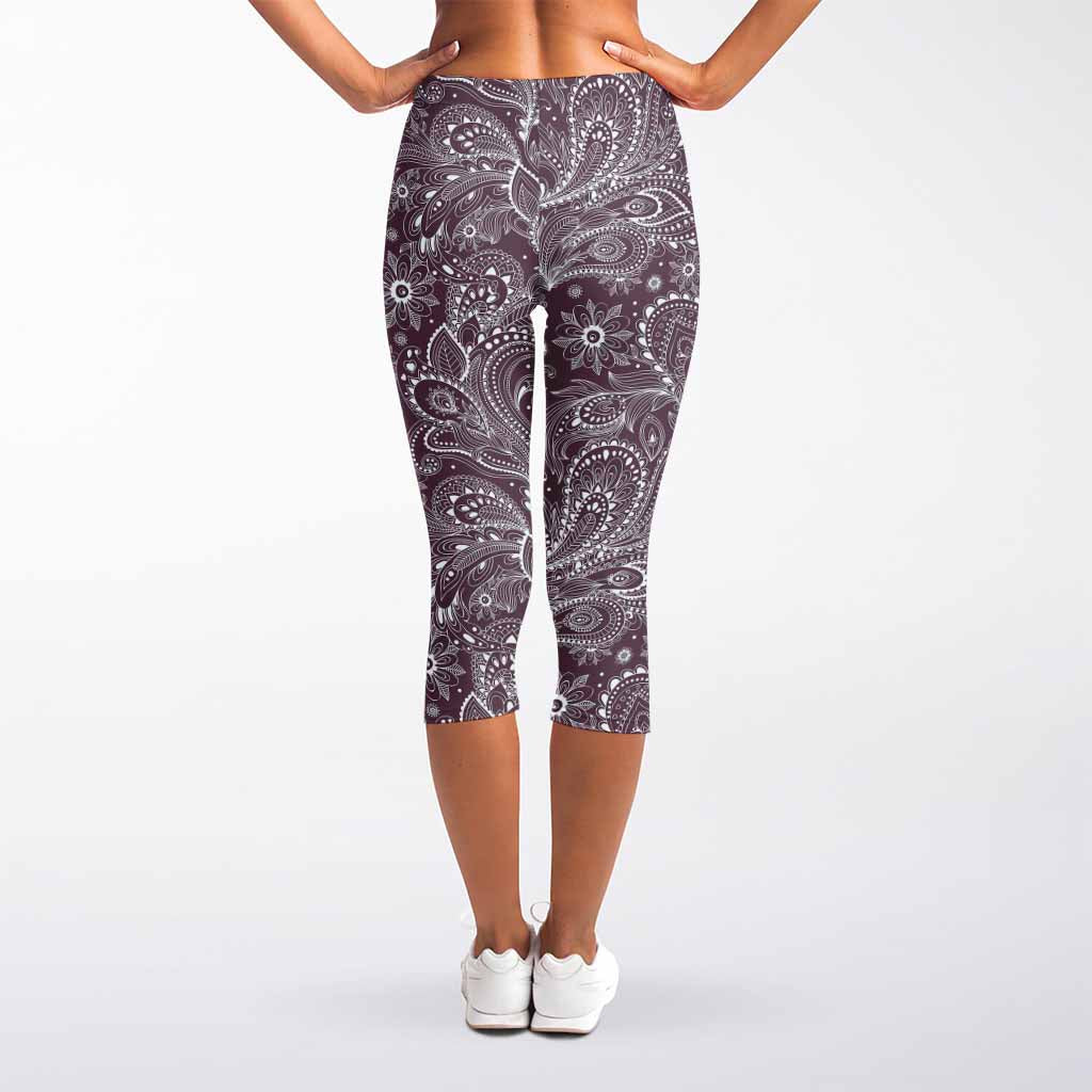 Umber Floral Bohemian Pattern Print Women's Capri Leggings