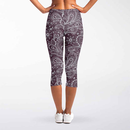 Umber Floral Bohemian Pattern Print Women's Capri Leggings