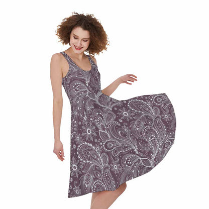 Umber Floral Bohemian Pattern Print Women's Sleeveless Dress