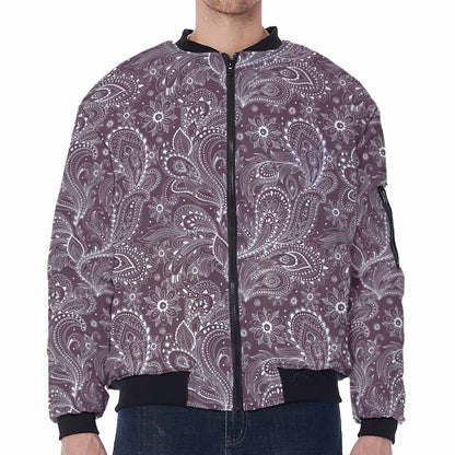 Umber Floral Bohemian Pattern Print Zip Sleeve Bomber Jacket