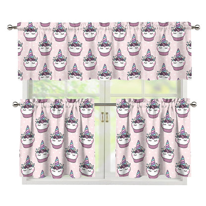 Unicorn Cupcake Pattern Print 3 Piece Kitchen Curtains