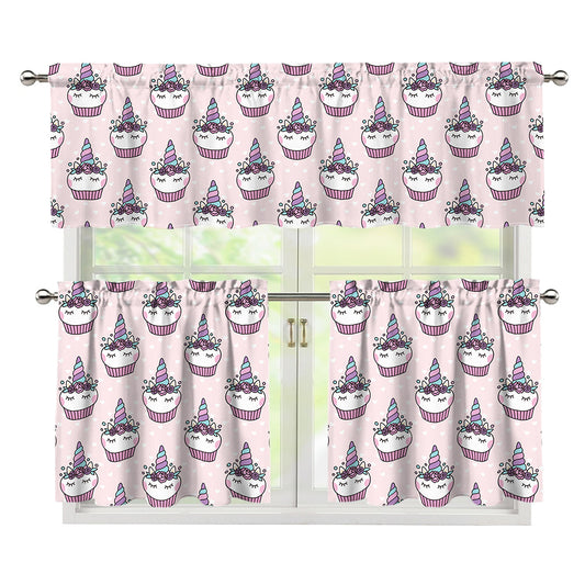 Unicorn Cupcake Pattern Print 3 Piece Kitchen Curtains
