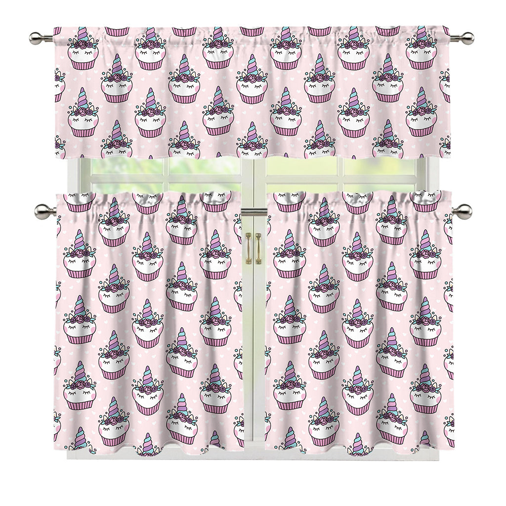 Unicorn Cupcake Pattern Print 3 Piece Kitchen Curtains