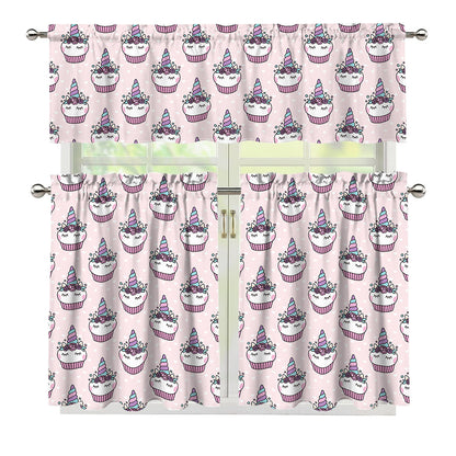 Unicorn Cupcake Pattern Print 3 Piece Kitchen Curtains