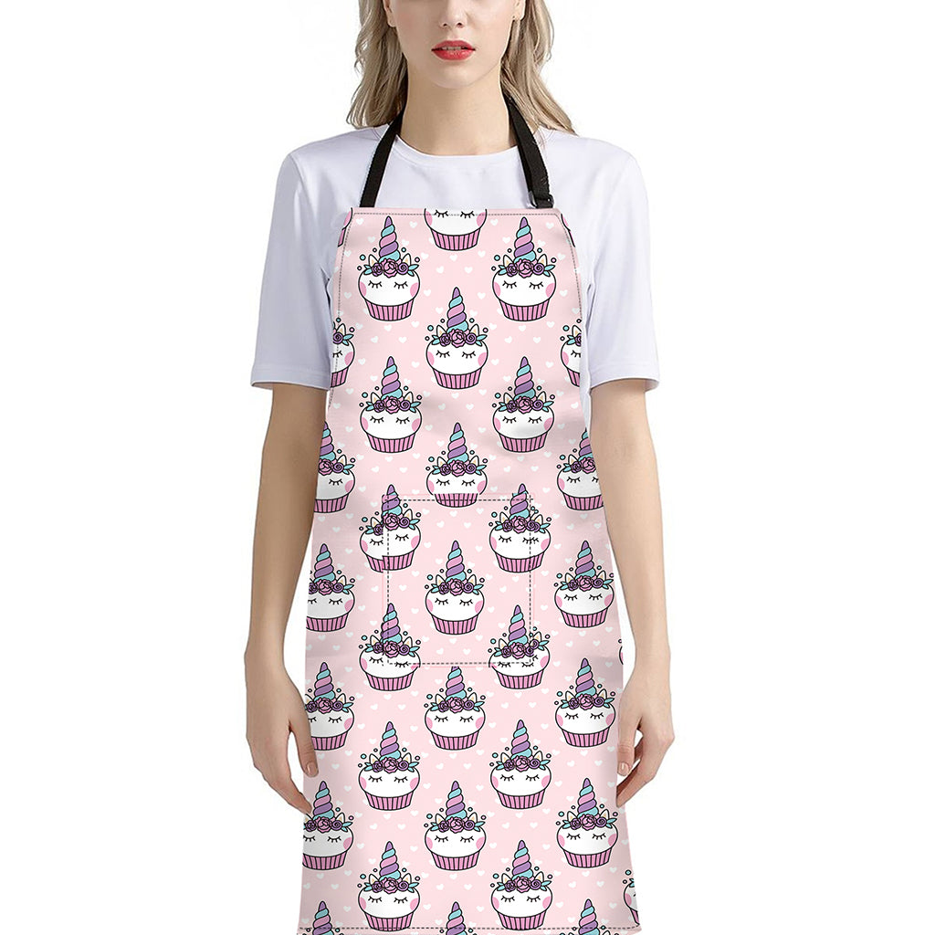 Unicorn Cupcake Pattern Print Bib Apron With Pocket