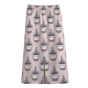 Unicorn Cupcake Pattern Print Cotton Front Slit Maxi Skirt