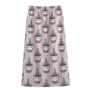 Unicorn Cupcake Pattern Print Cotton Front Slit Maxi Skirt