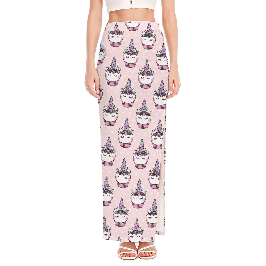 Unicorn Cupcake Pattern Print High Slit Maxi Skirt