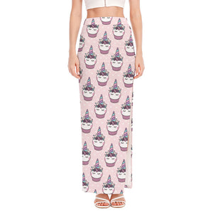 Unicorn Cupcake Pattern Print High Slit Maxi Skirt