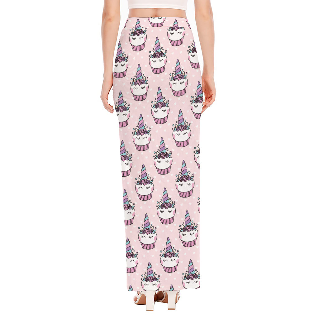 Unicorn Cupcake Pattern Print High Slit Maxi Skirt