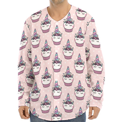 Unicorn Cupcake Pattern Print Long Sleeve Baseball Jersey