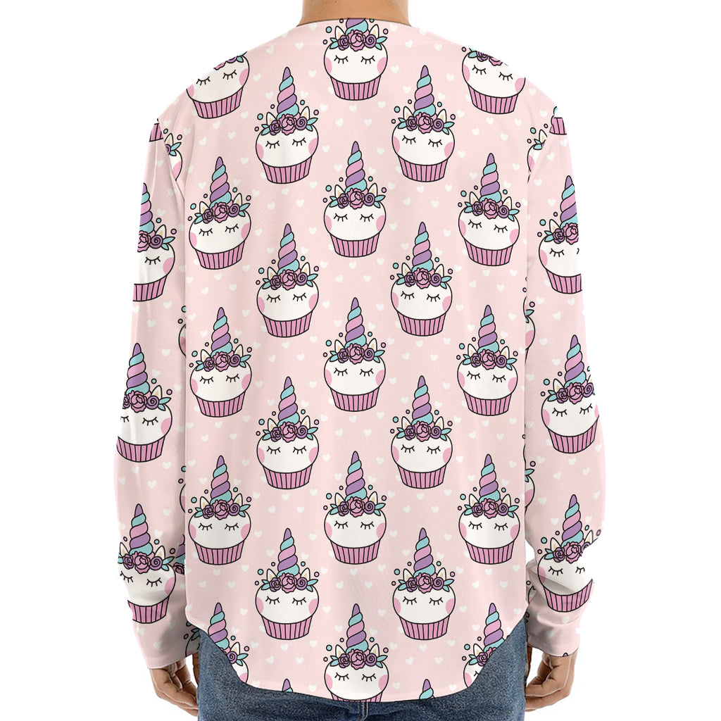 Unicorn Cupcake Pattern Print Long Sleeve Baseball Jersey