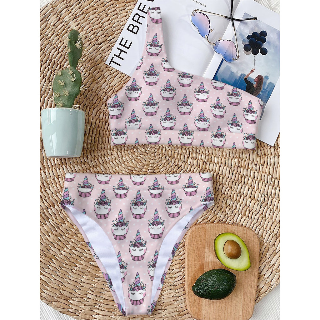 Unicorn Cupcake Pattern Print One Shoulder Bikini Top