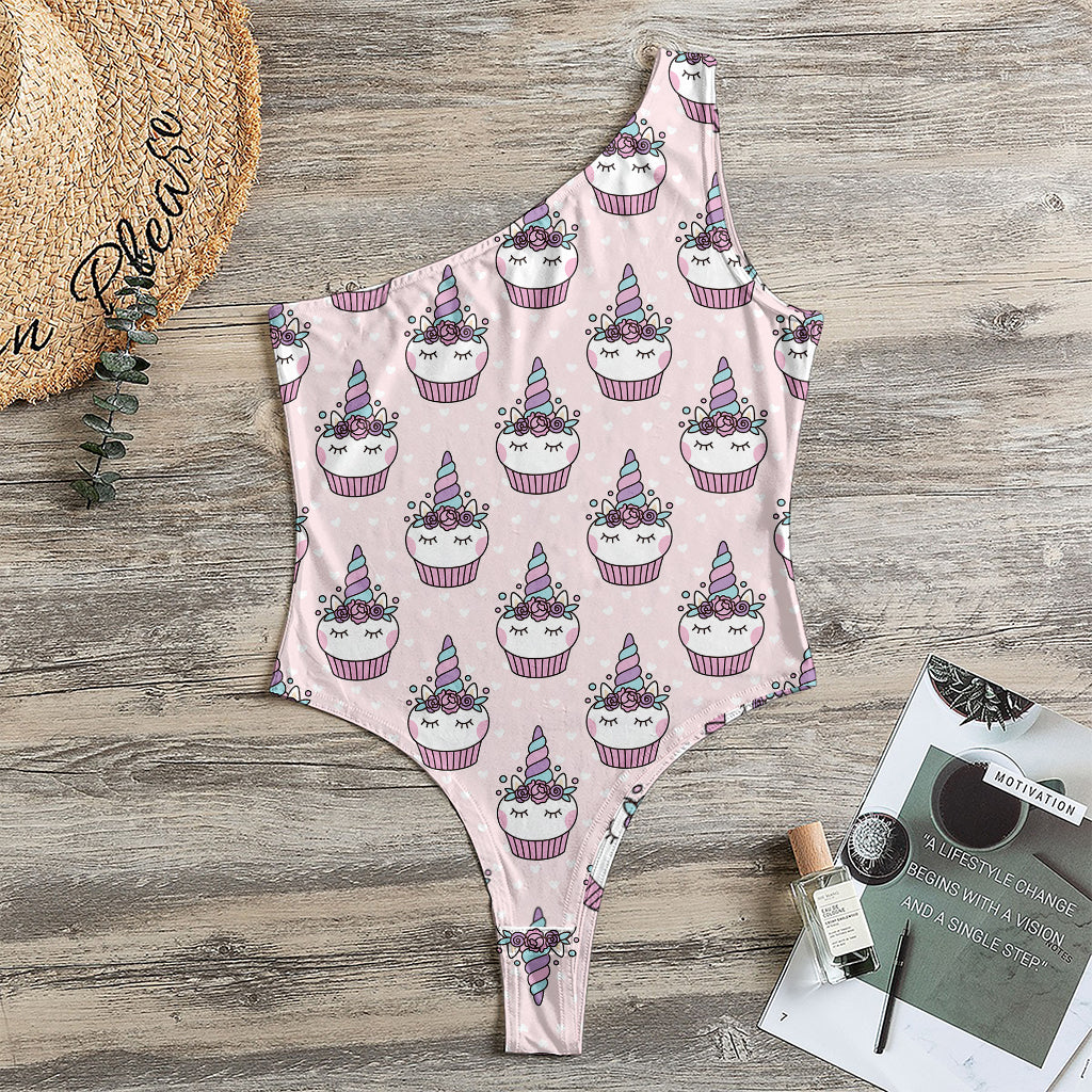 Unicorn Cupcake Pattern Print One Shoulder Bodysuit