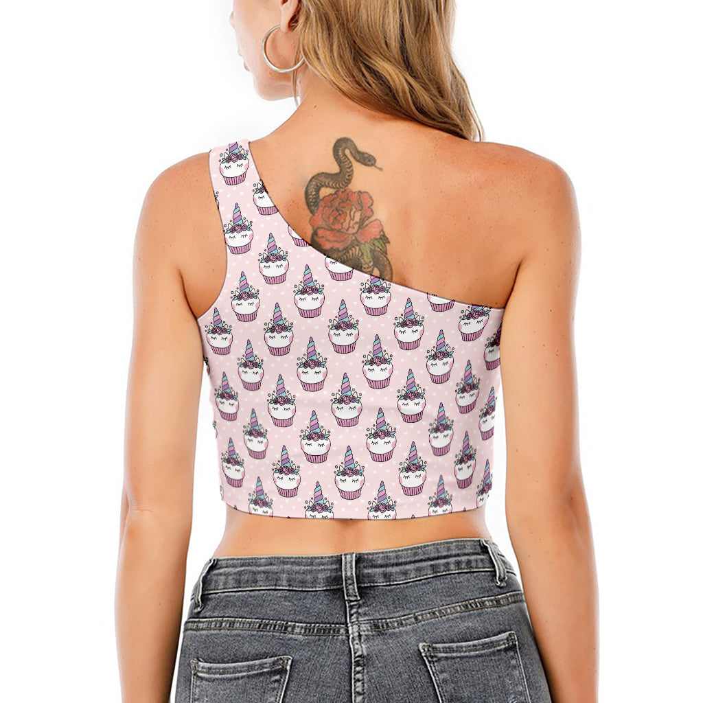 Unicorn Cupcake Pattern Print One Shoulder Crop Top