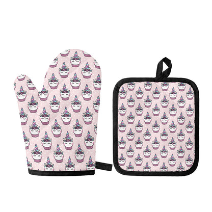 Unicorn Cupcake Pattern Print Oven Mitt And Pot Holder Set