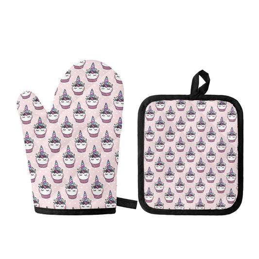 Unicorn Cupcake Pattern Print Oven Mitt And Pot Holder Set