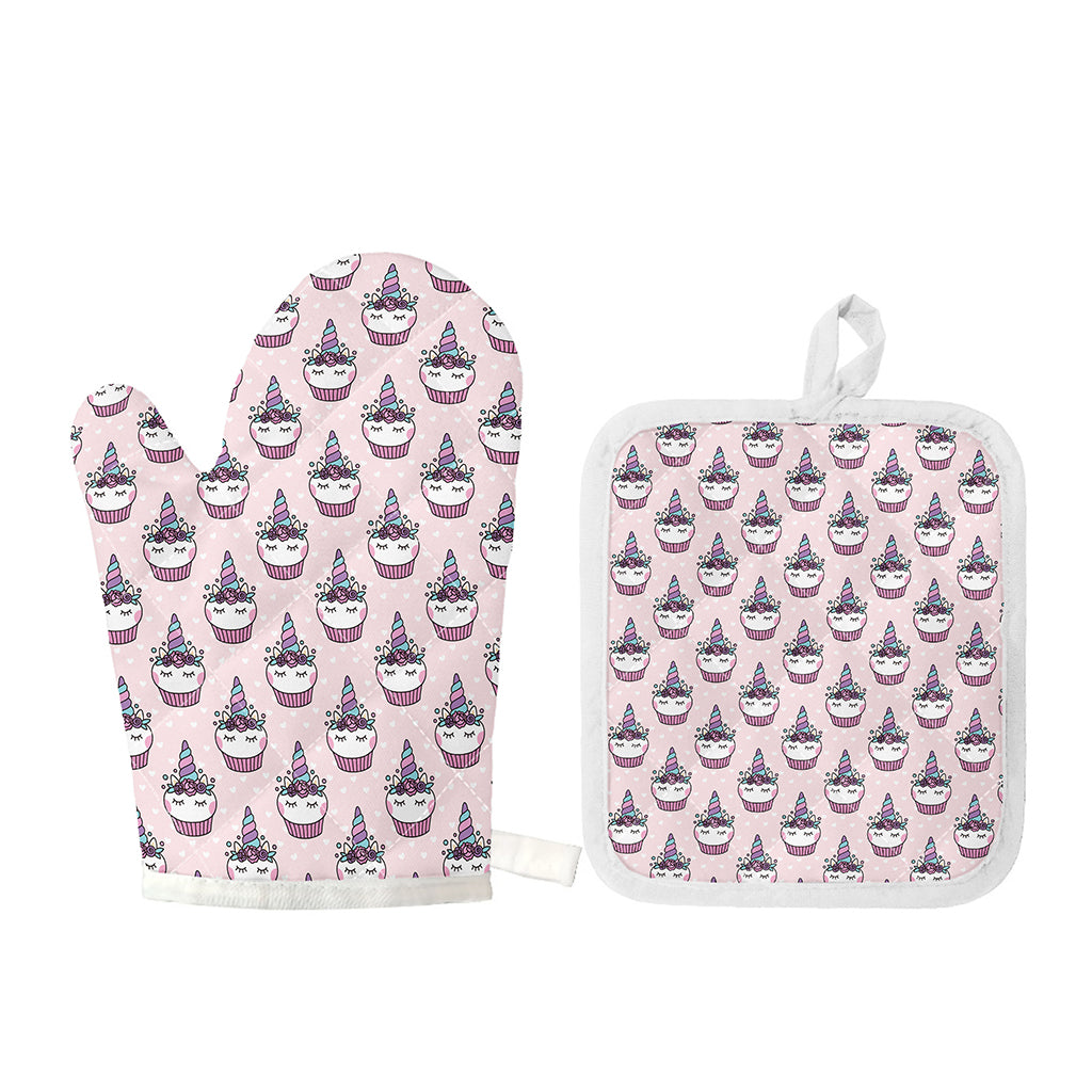 Unicorn Cupcake Pattern Print Oven Mitt And Pot Holder Set