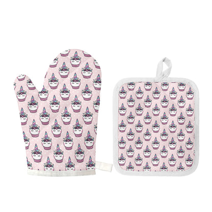 Unicorn Cupcake Pattern Print Oven Mitt And Pot Holder Set