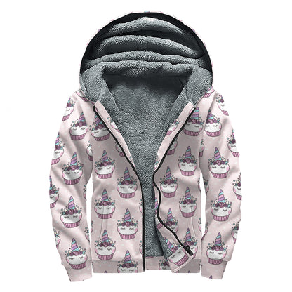 Unicorn Cupcake Pattern Print Sherpa Lined Zip Up Hoodie