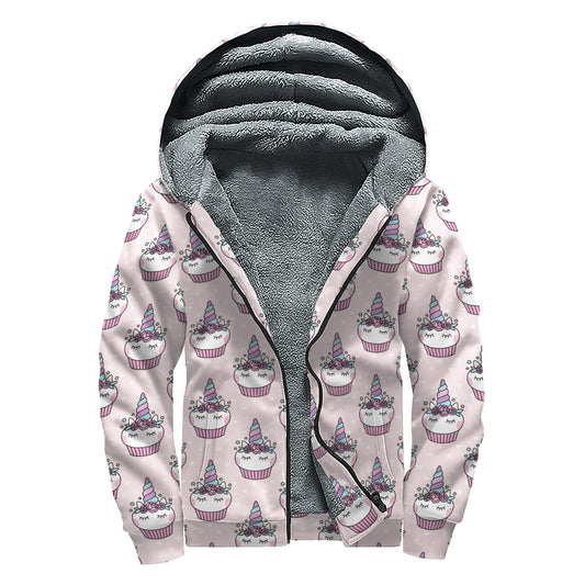Unicorn Cupcake Pattern Print Sherpa Lined Zip Up Hoodie